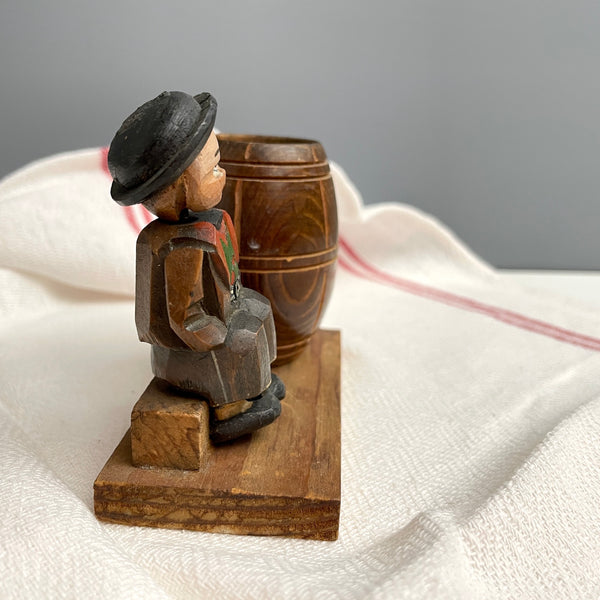 Carved Bavarian boy with a toothpick holder barrel - vintage European carving - NextStage Vintage