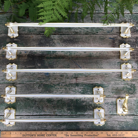 1960s white and gold towel bars - 5 bars, 1 robe hook - vintage hardware - NextStage Vintage