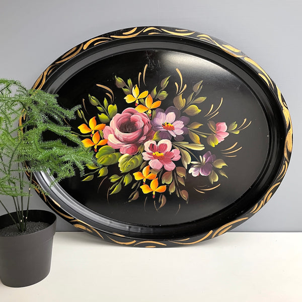 Oval tole painted tray with flowers - 1960s vintage - NextStage Vintage