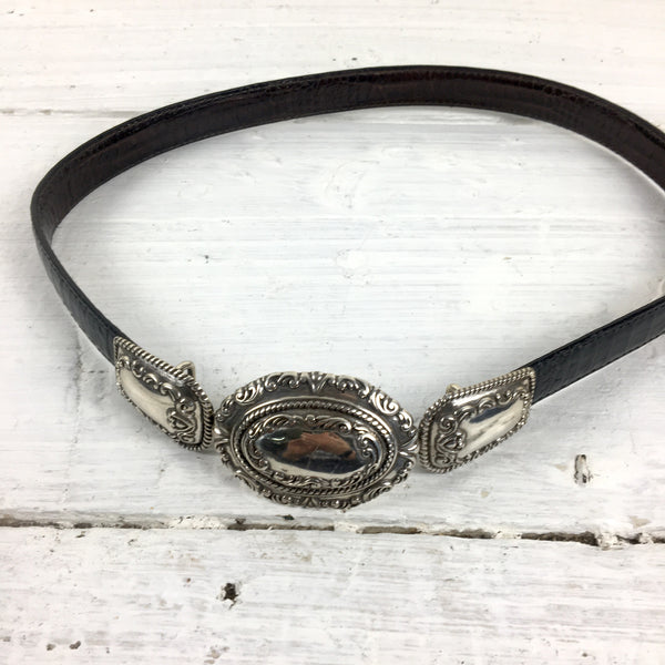 Black/brown reversible skinny leather belt with concho-style clasp - vintage accessory - NextStage Vintage