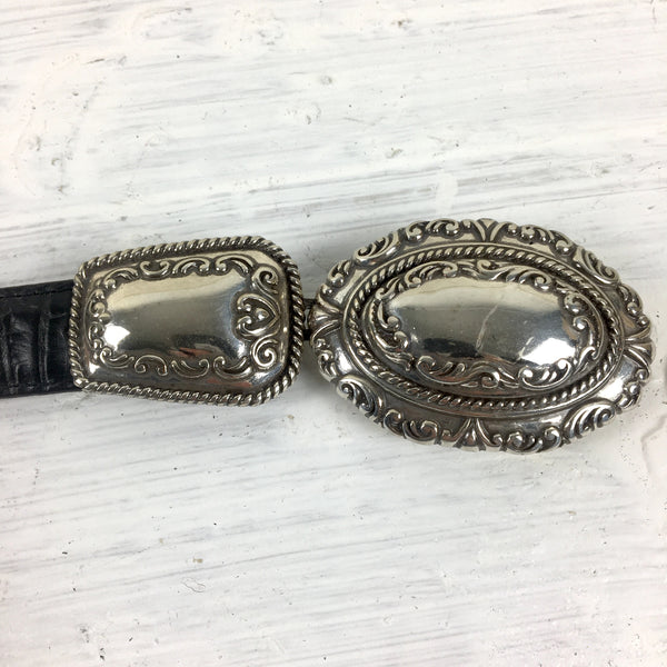 Black/brown reversible skinny leather belt with concho-style clasp - vintage accessory - NextStage Vintage