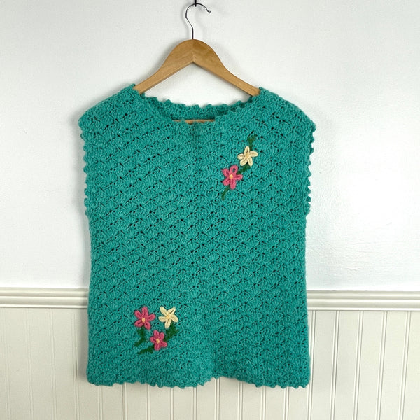 1970s turquoise pullover vest with flowers - hand crochet - size medium - NextStage Vintage