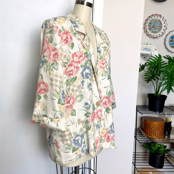 1980s linen blend floral blazer with rolled sleeves - size L - NextStage Vintage
