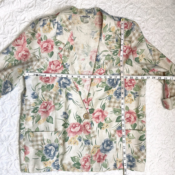 1980s linen blend floral blazer with rolled sleeves - size L - NextStage Vintage