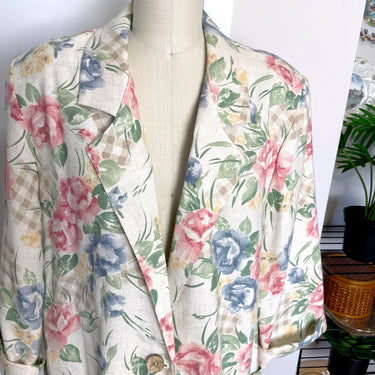 1980s linen blend floral blazer with rolled sleeves - size L - NextStage Vintage