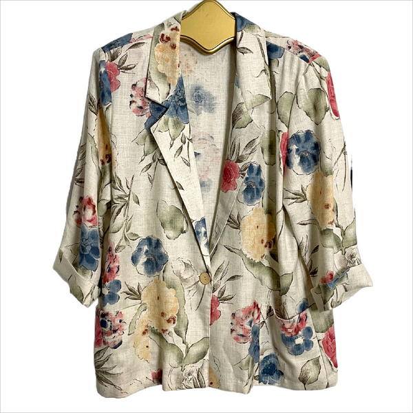 1980s linen blend floral oversized blazer - size L - NextStage Vintage