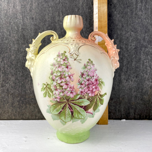 Floral urn with figural gargoyle handles - vintage decorative ceramic - NextStage Vintage
