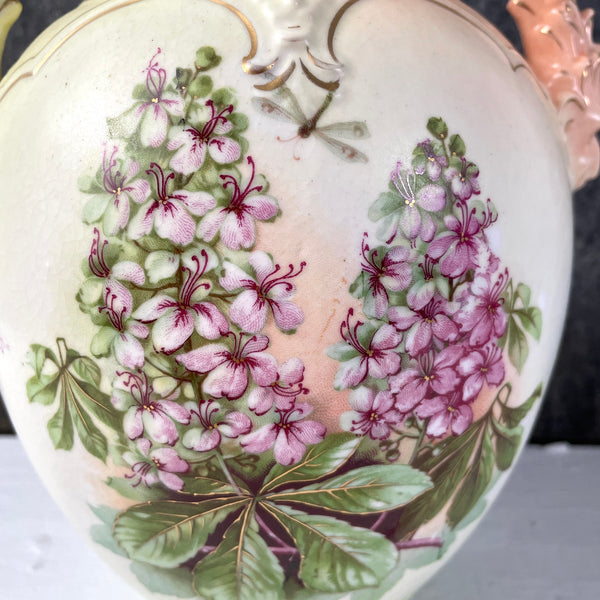 Floral urn with figural gargoyle handles - vintage decorative ceramic - NextStage Vintage