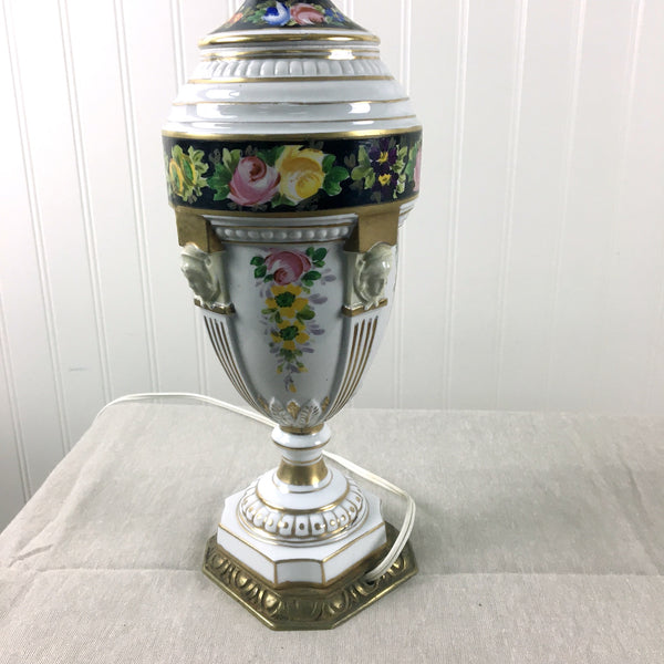 Painted floral urn table lamp with pilasters with faces - 1930s vintage - NextStage Vintage