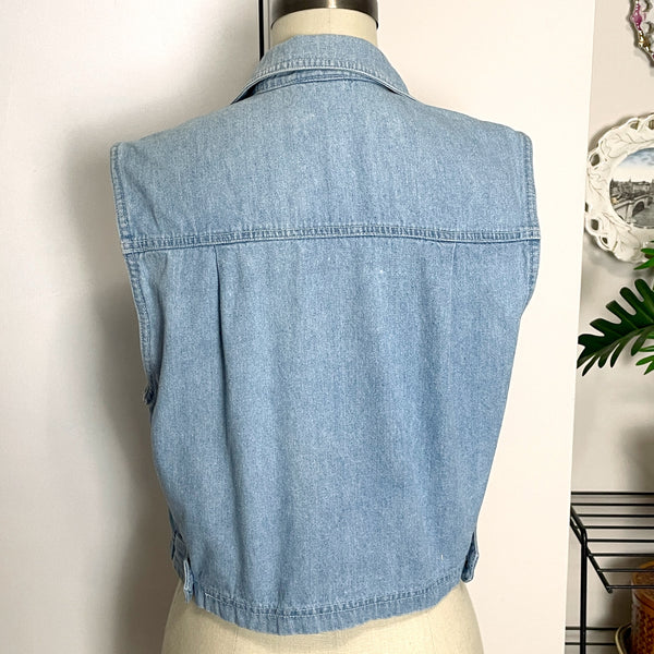 1990s denim vest with floral pockets - size 10 - NextStage Vintage