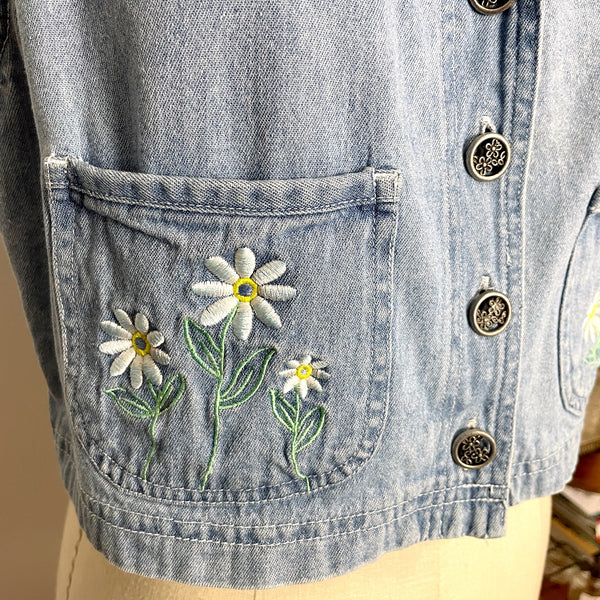 1990s denim vest with floral pockets - size 10 - NextStage Vintage