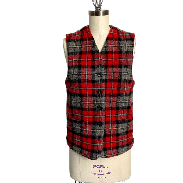 Red, gray and black plaid wool vest - women's size small petite - NextStage Vintage