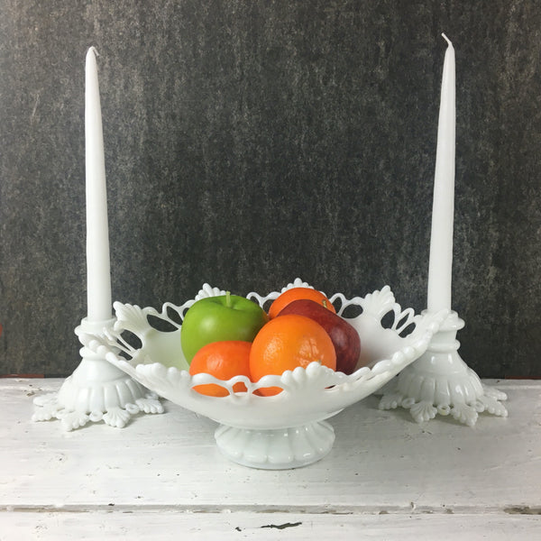 Ring and Petal Westmoreland milk glass fruit bowl and candlesticks - 1950s vintage - NextStage Vintage