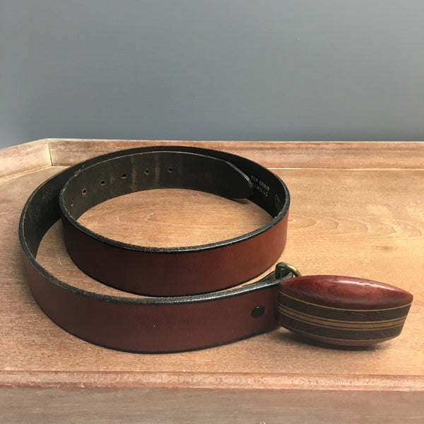 Leather belt with laminated wood buckle - 1980s mens vintage accessory - NextStage Vintage