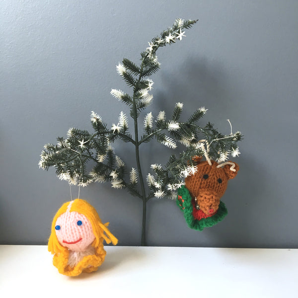 Knit reindeer and golden haired girl ornaments - vintage 1980s handmade - NextStage Vintage